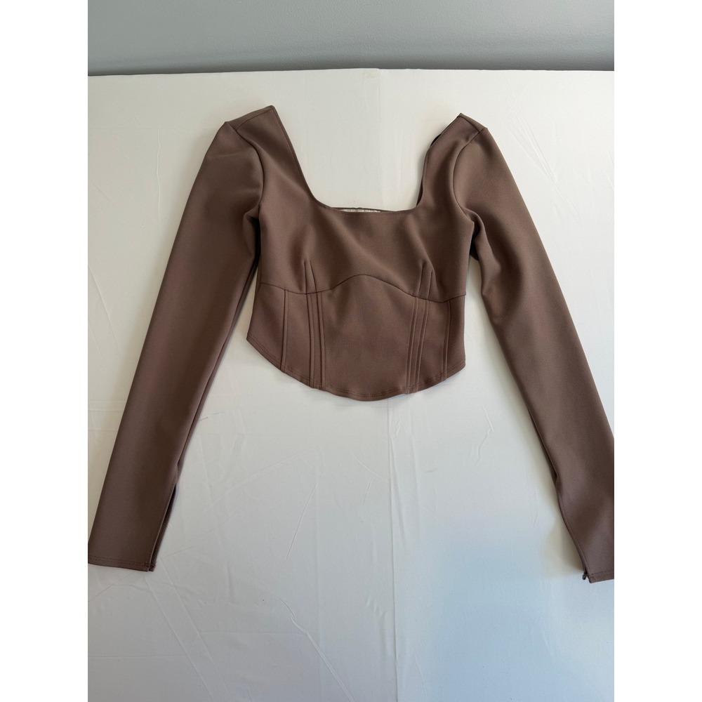 Abercrombie & Fitch Long Sleeve Corset Scoopneck Top in a deep taupe